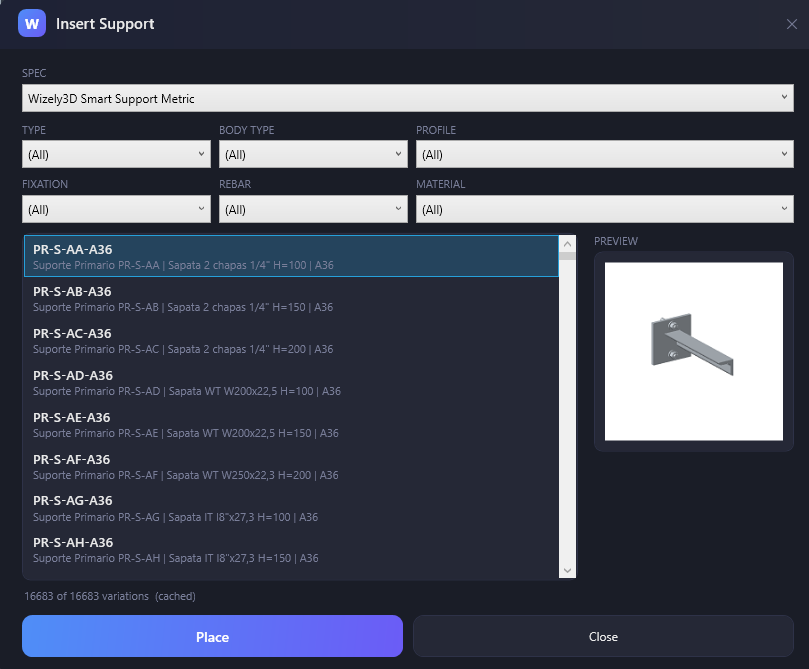 Janela Insert Support do Wizely3D: filtros por tipo, corpo, perfil, fixação, vergalhão e material, lista de variações com código e descrição, e painel de pré-visualização 3D da peça selecionada.